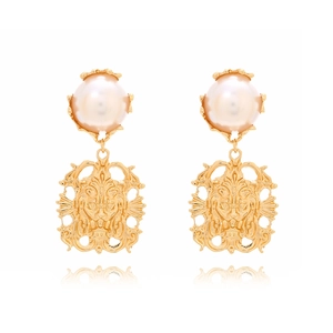 Vintage lion head drop earrings with pink pearl in baroque hollow gold-tone design