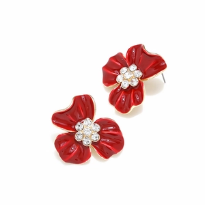 Boucles d'oreilles fleurs en émail rouge avec cristaux et bords dorés chic
