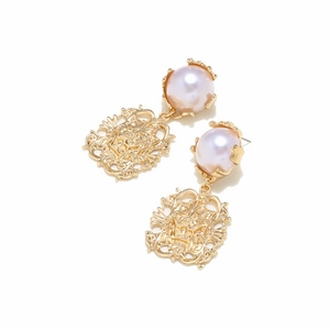 Vintage lion head drop earrings with faux pearls in a gold-plated openwork design