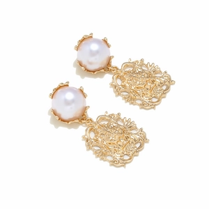 Vintage gold lion head drop earrings with elegant white pearls for women