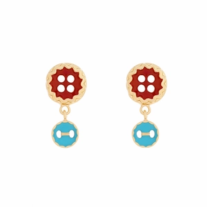 Fashion double layered button drop earrings with red and blue enamel in gold finish
