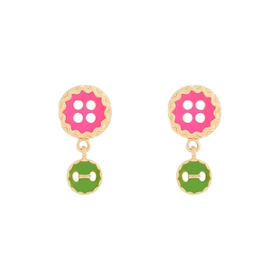 Fashion double-layered button drop earrings with pink and green enamel in gold finish
