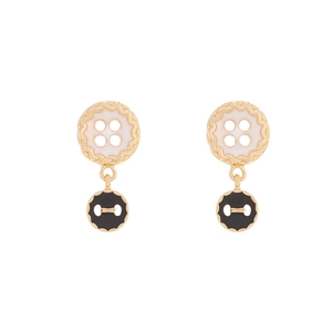 Fashionable double-layer button drop earrings in black and white with wavy gold edges