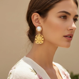 Baroque Retro Drop Earrings With Hollow Lion Head Relief Alloy Imitation Artificial Pearl And Stainless Steel Earring Post