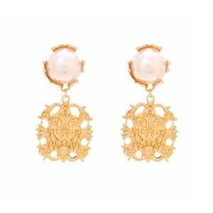 Vintage gold lion head earrings with round white faux pearl in a royal palace style