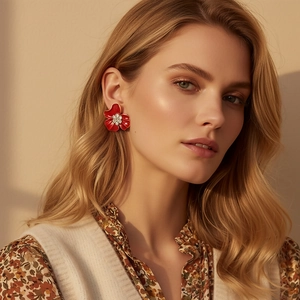Boucles D'oreilles Fleurs Rouges Émail Floral Bijoux Avec Strass Et Tige En Acier Inoxydable Accessoire Mode Femme