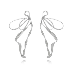 Polished silver ribbon bow earrings with abstract fluid design and butterfly wings style