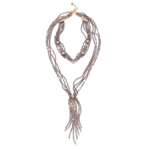 Bohemian multi-layer beaded tassel necklace with sparkling rhinestones and gold clasp