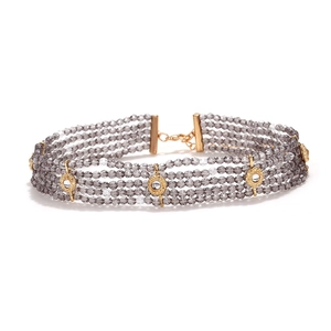 Detail of five-layer grey crystal beaded choker with gold metal accents and extender