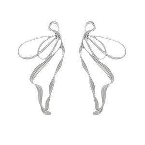 Polished silver butterfly wing earrings with elegant fluid ribbon design on white background