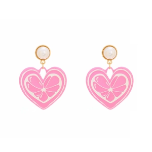 Boucles d'oreilles cœur rose avec clous perle et motif de fruits agrumes doux
