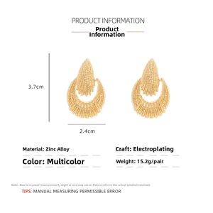Detailed size specifications for textured golden geometric hollow earrings in zinc alloy