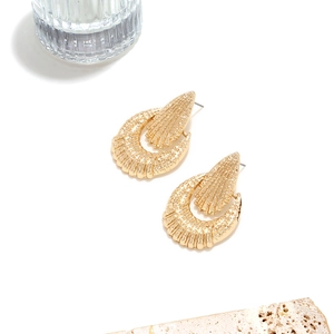 Golden hollow geometric stud earrings with textured radial patterns and retro design