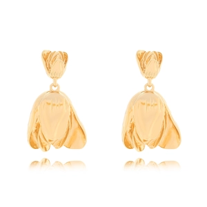 Detailed view of double-layered golden tulip flower earrings with mirror reflection