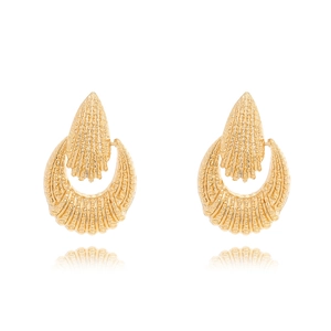 Golden fan-shaped textured earrings with vintage relief stripes on white background