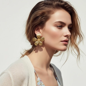 Large Flower Stud Earrings Alloy Hammered Texture Metal 5-Petal Retro Style For Women Stainless Steel Post