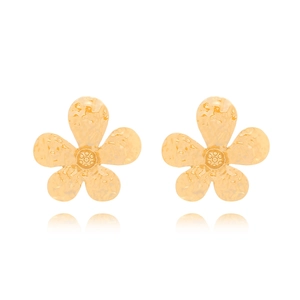 Exaggerated golden flower stud earrings with hammered metal texture on white background