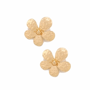 Exaggerated golden flower stud earrings with textured hammered finish in organic style