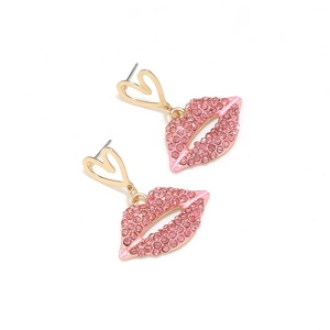 Orecchini pendenti a cuore dorato e labbra con strass rosa per la moda femminile