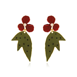 Chic enamel flower drop earrings with red petals, pearls, and green polka dot leaves