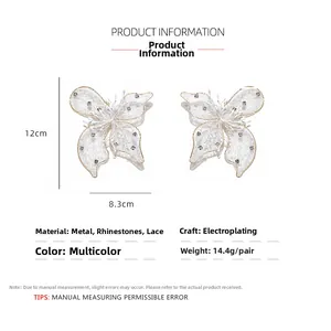 Detailed size specifications for handmade white lace butterfly earrings with rhinestones