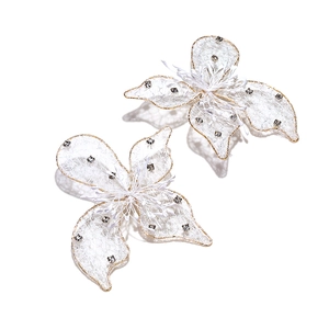Elegant woven lace flower earrings with gold edges and crystals in a bohemian style