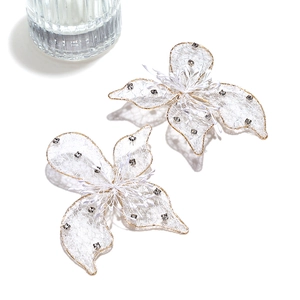 Elegant white lace flower earrings with gold wire edges and crystals in bohemian style