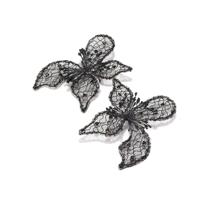 Elegant black lace butterfly earrings with rhinestones and gold thread accents