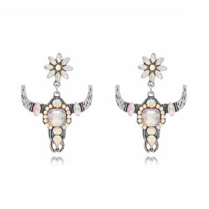 Bohemian style bull head earrings featuring sparkling rhinestones and floral stud design