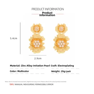 Detailed view of gold flower earrings with pearls including size and material specs