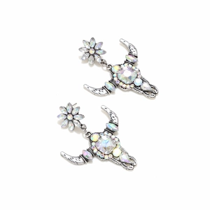 Sparkling crystal encrusted bull skull dangle earrings with sunflower stud design