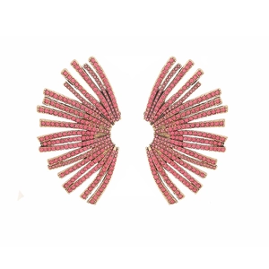 Macro shot of fan-shaped stud earrings featuring pink crystals in a vintage gold finish