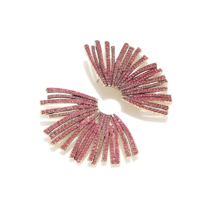 Close-up of fan-shaped rose gold earrings featuring radiant pink rhinestones design