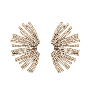 Luxurious gold fan-shaped stud earrings with sparkling white crystals for party wear