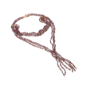 Bohemian multi-layer lavender beaded fringe necklace with sparkling gold accents