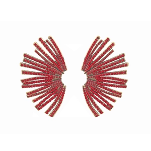 Detailed close-up of fan-shaped stud earrings featuring vibrant red rhinestones on gold metal