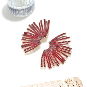 Luxurious gold fan-shaped stud earrings with radiant red rhinestones on a clean background