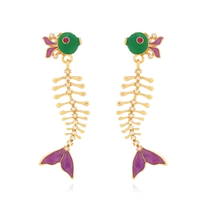 Colorful long fish bone earrings with green and purple enamel and pearl accents