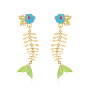 Macro detail of fish bone dangle earrings with colorful enamel and pearl accents