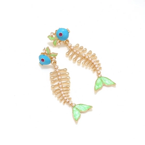 Vibrant fishbone drop earrings with blue enamel fish head and pearls in gold alloy