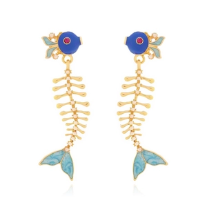 Detail of fish bone drop earrings featuring blue enamel and gold-plated alloy finish