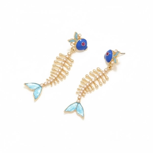 Golden alloy fishbone drop earrings with blue enamel and sparkling crystals