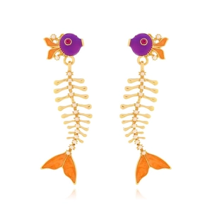 Detailed view of fishbone earrings with purple enamel, orange fins and white beads