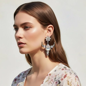 Bull Skull Dangle Earrings Alloy AB Rhinestones Stainless Steel Post Western Cowboy Bohemian Style Vintage Silver Women