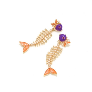 Fashion long alloy fishbone drop earrings with colorful enamel and pearl accents