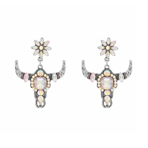 Bohemian Western style bull skull earrings with iridescent rhinestones and flower studs