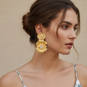Vintage Gold Plated Flower Pendant Earrings With Imitation Artificial Pearl Cluster Zinc Alloy Floral Dangle Earrings Stainless Steel Earring Post Women