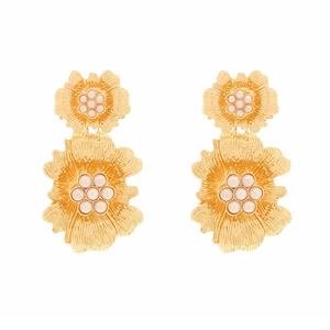 Luxurious gold flower drop earrings with layered petals and white pearl centers on white background