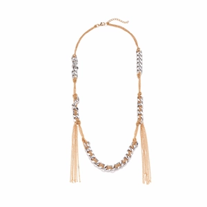 Mixed metal tassel necklace with gold and silver chain weaving in industrial chic style