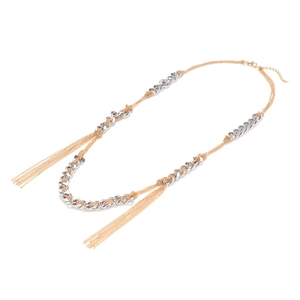 Chunky mixed metal multi-layer necklace with gold tassels and silver curb chain segments